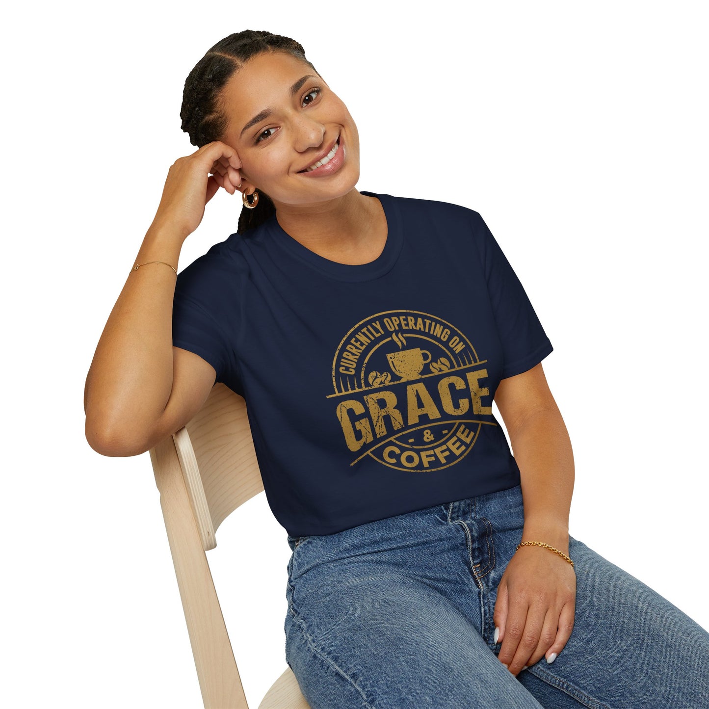 Currently Operating on Grace & Coffee T-Shirt – Funny Faith & Caffeine Unisex Tee