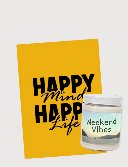 Happy Mind Happy Life Journal and Weekend Vibes Candle Bundle